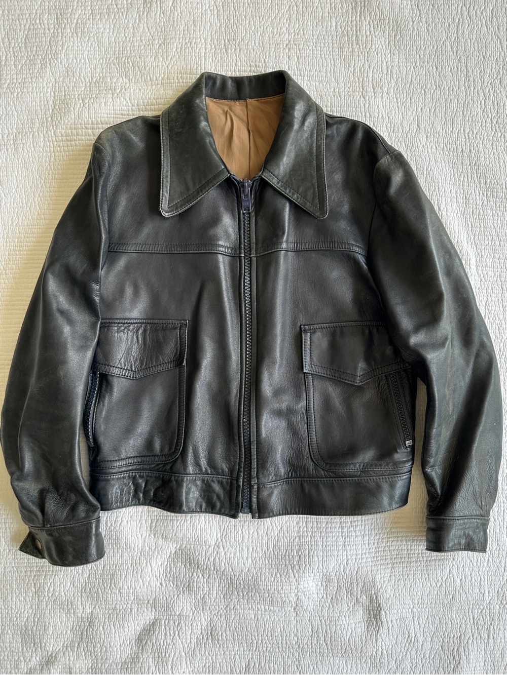Saks Fifth Avenue Men's Vintage Dark Navy Blue Leather Zip-Front Jacket 70s